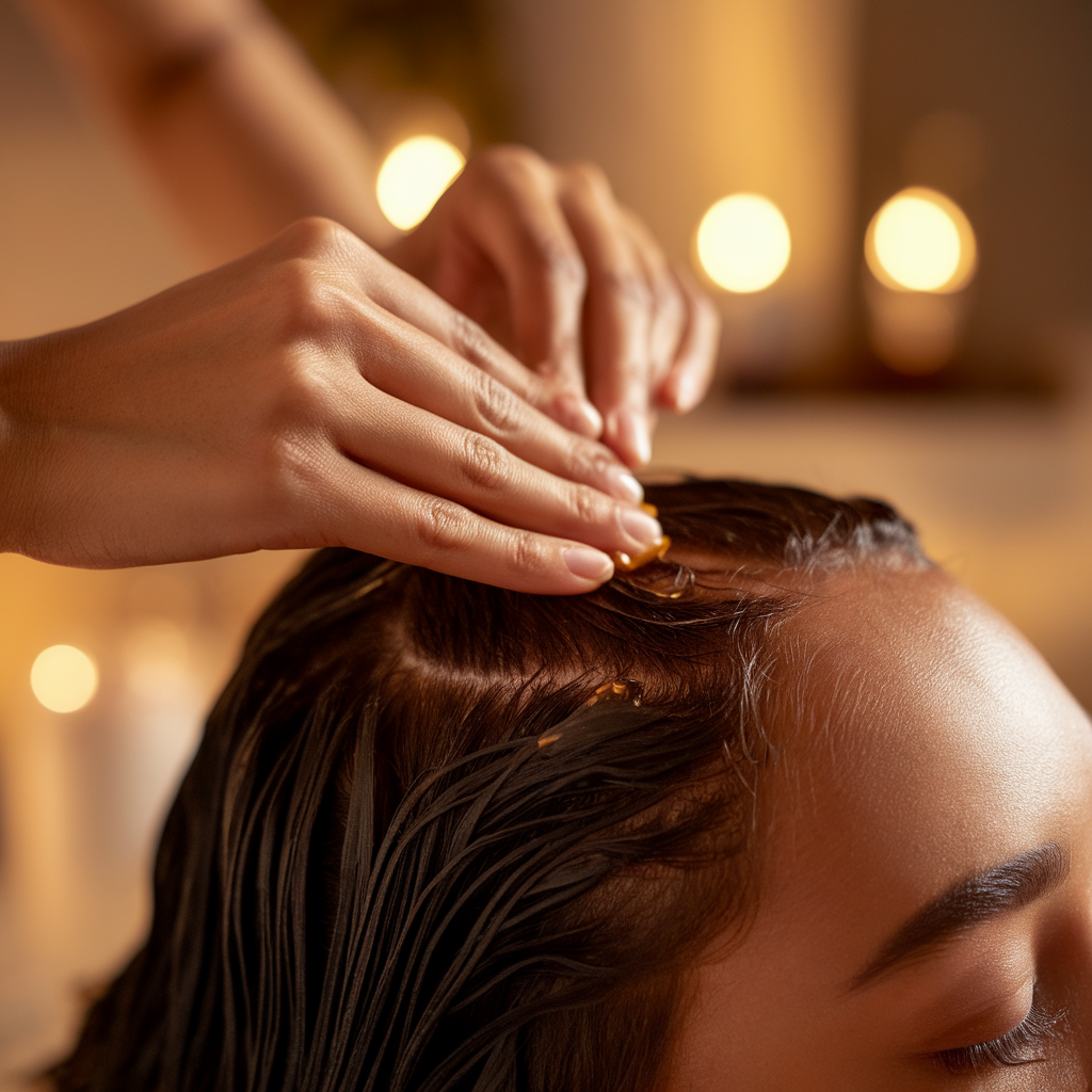 Applying natural oil to scalp during a hair care ritual